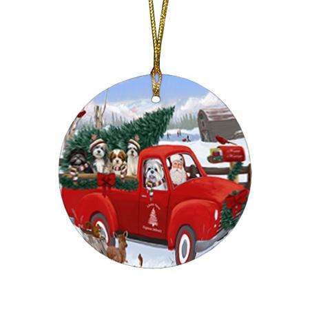 Christmas Santa Express Delivery Lhasa Apsos Dog Family Round Flat Christmas Ornament RFPOR55166