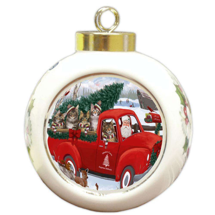 Christmas Santa Express Delivery Maine Coon Cats Family Round Ball Christmas Ornament RBPOR55176