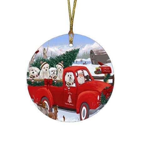 Christmas Santa Express Delivery Malteses Dog Family Round Flat Christmas Ornament RFPOR55168