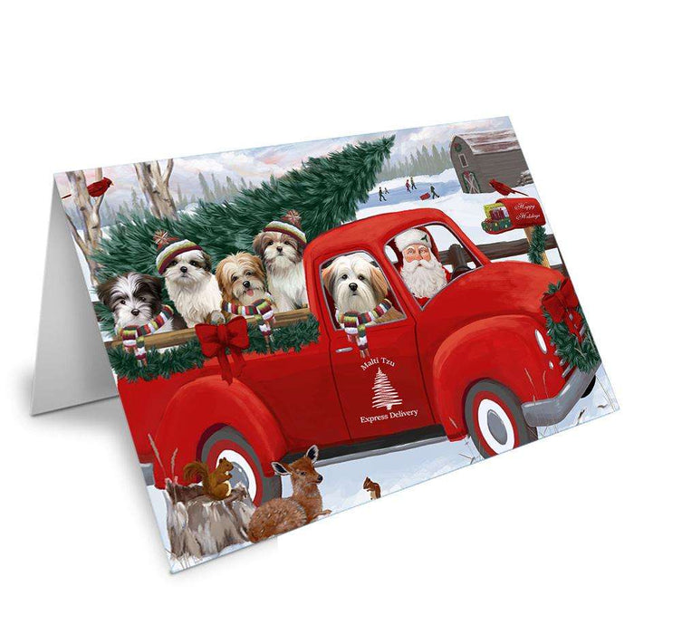 Christmas Santa Express Delivery Malti Tzus Dog Family Handmade Artwork Assorted Pets Greeting Cards and Note Cards with Envelopes for All Occasions and Holiday Seasons GCD68981