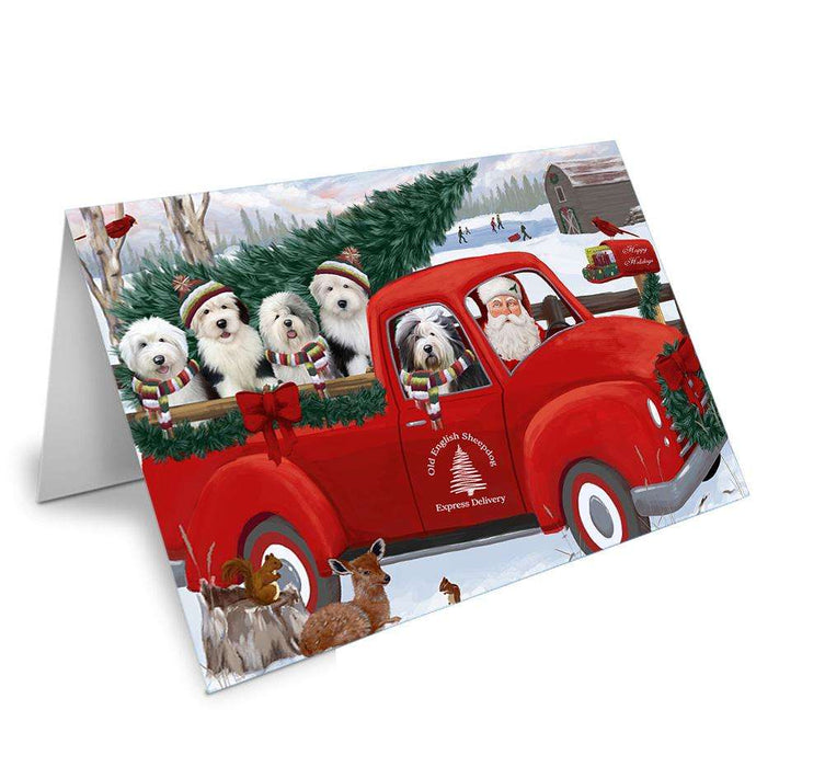 Christmas Santa Express Delivery Old English Sheepdogs Family Handmade Artwork Assorted Pets Greeting Cards and Note Cards with Envelopes for All Occasions and Holiday Seasons GCD68984