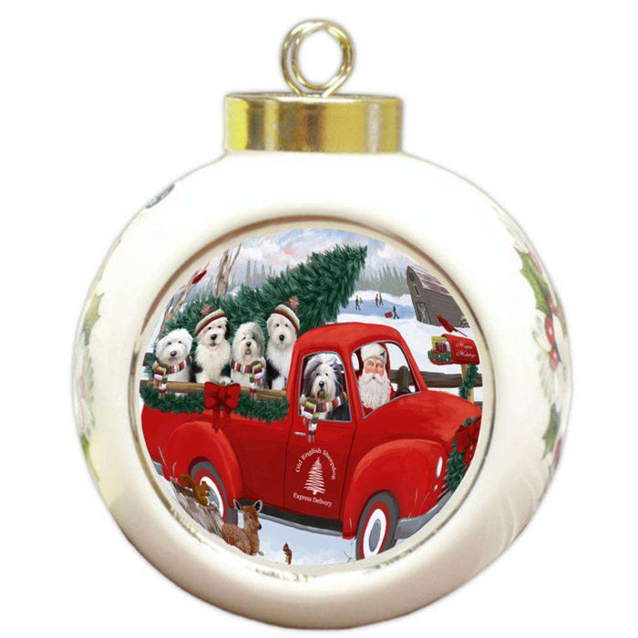 Christmas Santa Express Delivery Old English Sheepdogs Family Round Ball Christmas Ornament RBPOR55179