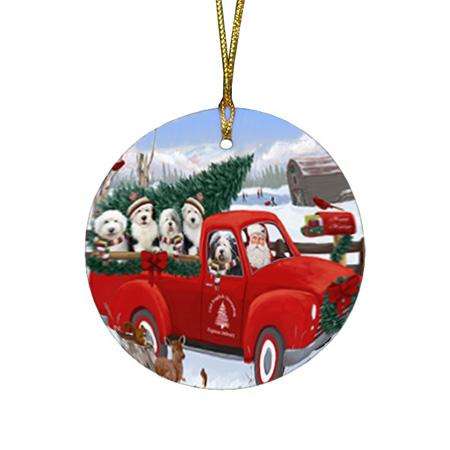 Christmas Santa Express Delivery Old English Sheepdogs Family Round Flat Christmas Ornament RFPOR55170