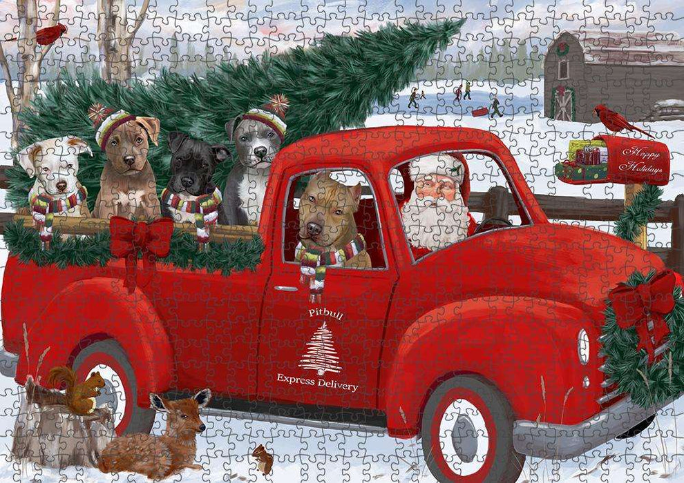 Christmas Santa Express Delivery Pit Bulls Dog Family Puzzle with Photo Tin PUZL87384