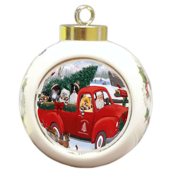 Christmas Santa Express Delivery Pomeranians Dog Family Round Ball Christmas Ornament RBPOR55183
