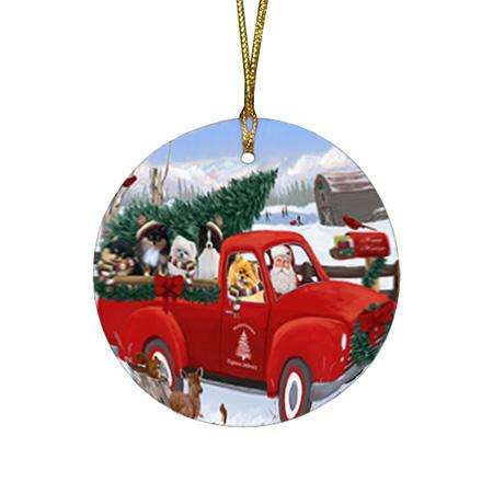 Christmas Santa Express Delivery Pomeranians Dog Family Round Flat Christmas Ornament RFPOR55174