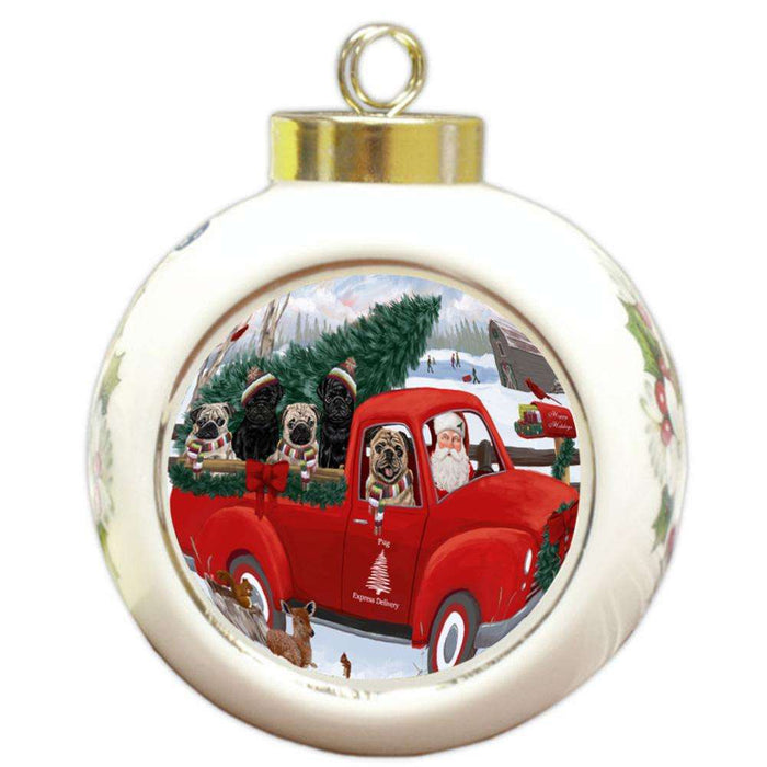 Christmas Santa Express Delivery Pugs Dog Family Round Ball Christmas Ornament RBPOR55185