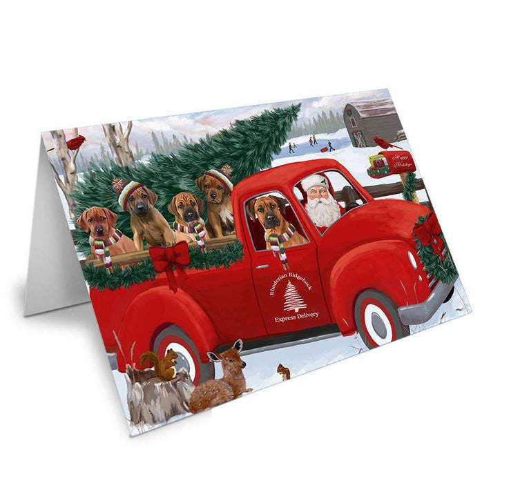 Christmas Santa Express Delivery Rhodesian Ridgebacks Dog Family Handmade Artwork Assorted Pets Greeting Cards and Note Cards with Envelopes for All Occasions and Holiday Seasons GCD69008