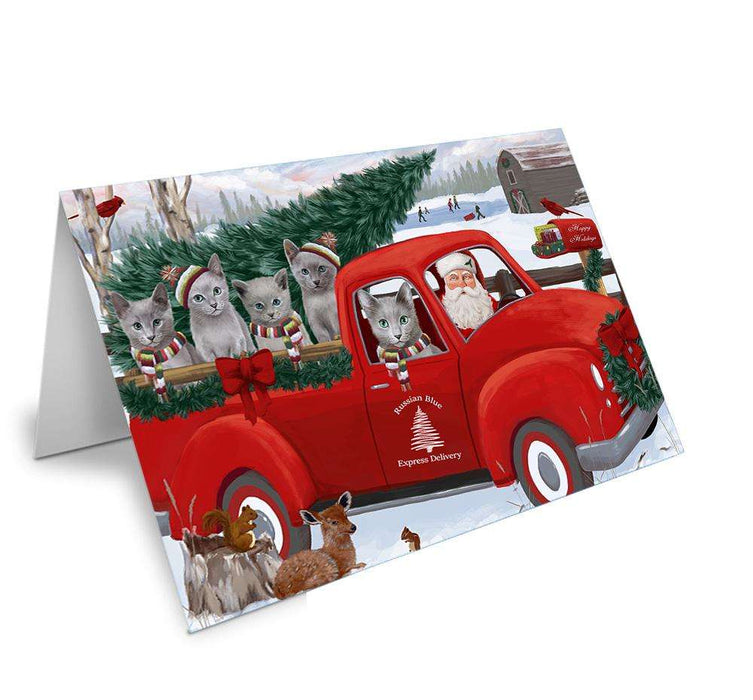Christmas Santa Express Delivery Russian Blue Cats Family Handmade Artwork Assorted Pets Greeting Cards and Note Cards with Envelopes for All Occasions and Holiday Seasons GCD69014