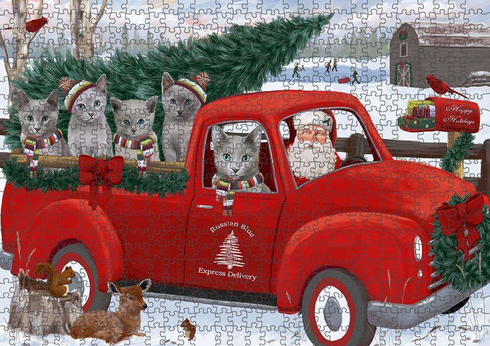Christmas Santa Express Delivery Russian Blue Cats Family Puzzle with Photo Tin PUZL87412
