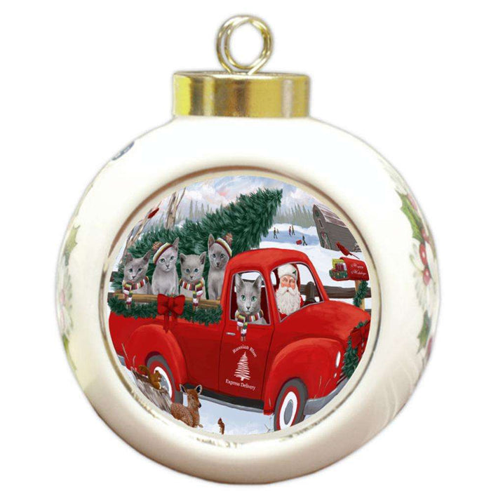Christmas Santa Express Delivery Russian Blue Cats Family Round Ball Christmas Ornament RBPOR55189