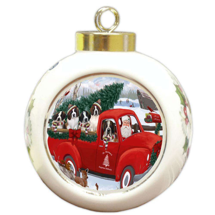 Christmas Santa Express Delivery Saint Bernards Dog Family Round Ball Christmas Ornament RBPOR55190