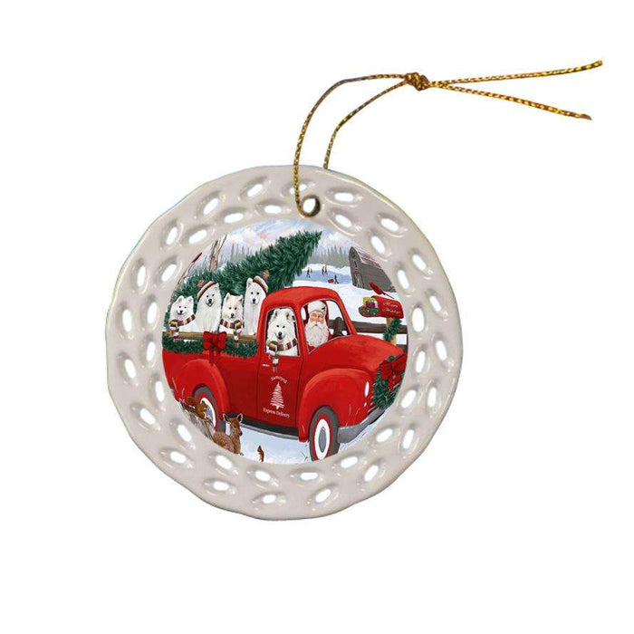 Christmas Santa Express Delivery Samoyeds Dog Family Ceramic Doily Ornament DPOR55191