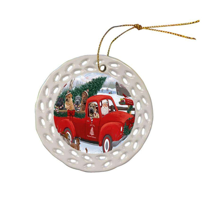 Christmas Santa Express Delivery Shar Peis Dog Family Ceramic Doily Ornament DPOR55194