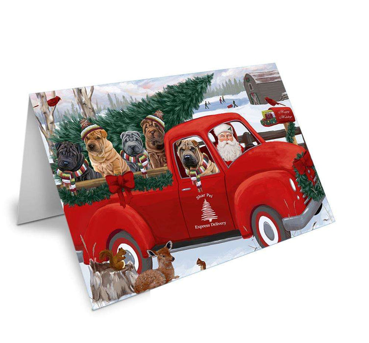 Christmas Santa Express Delivery Shar Peis Dog Family Handmade Artwork Assorted Pets Greeting Cards and Note Cards with Envelopes for All Occasions and Holiday Seasons GCD69029