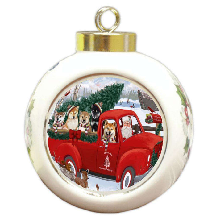 Christmas Santa Express Delivery Shiba Inus Dog Family Round Ball Christmas Ornament RBPOR55196