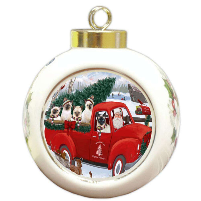 Christmas Santa Express Delivery Siamese Cats Family Round Ball Christmas Ornament RBPOR55198
