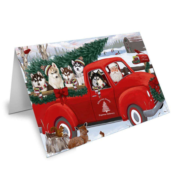 Christmas Santa Express Delivery Siberian Huskies Dog Family Handmade Artwork Assorted Pets Greeting Cards and Note Cards with Envelopes for All Occasions and Holiday Seasons GCD69044