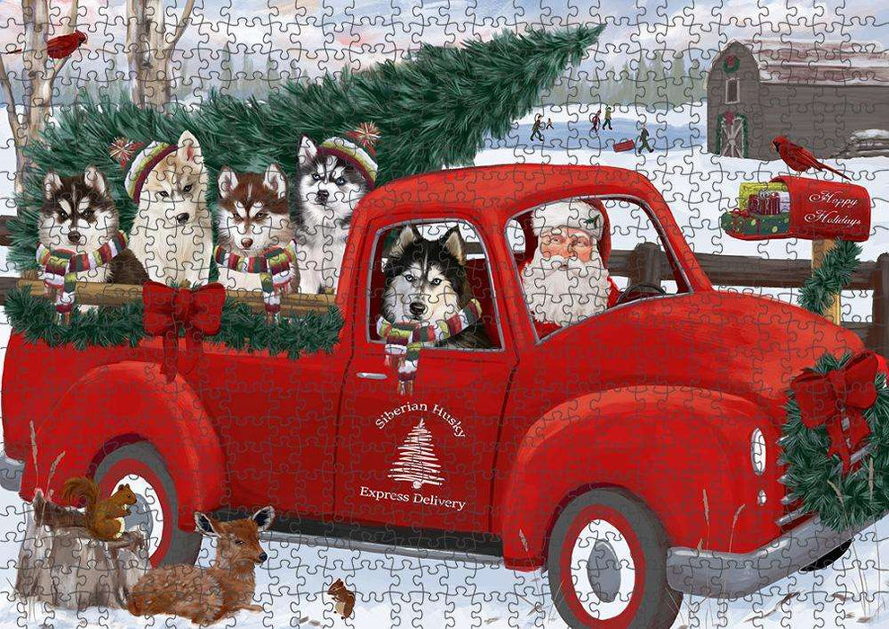Christmas Santa Express Delivery Siberian Huskies Dog Family Puzzle with Photo Tin PUZL87452
