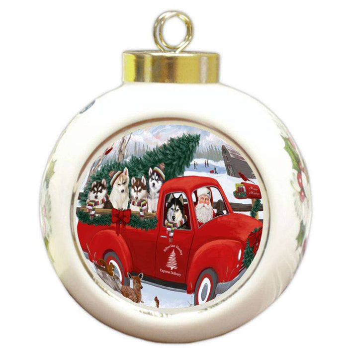 Christmas Santa Express Delivery Siberian Huskies Dog Family Round Ball Christmas Ornament RBPOR55199