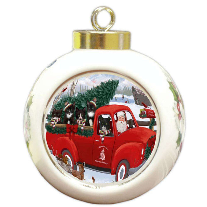 Christmas Santa Express Delivery Tuxedo Cats Family Round Ball Christmas Ornament RBPOR55203