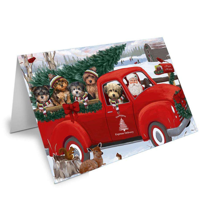 Christmas Santa Express Delivery Yorkipoos Dog Family Handmade Artwork Assorted Pets Greeting Cards and Note Cards with Envelopes for All Occasions and Holiday Seasons GCD69074