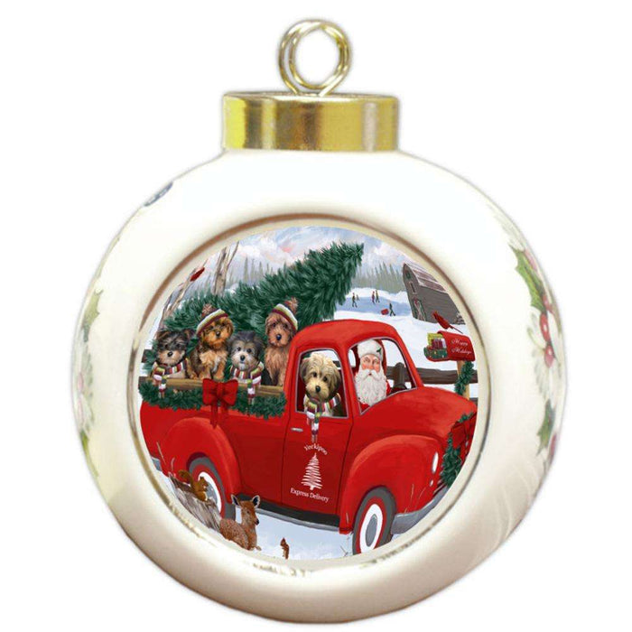 Christmas Santa Express Delivery Yorkipoos Dog Family Round Ball Christmas Ornament RBPOR55209