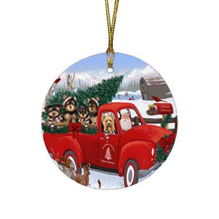 Christmas Santa Express Delivery Yorkshire Terriers Dog Family Round Flat Christmas Ornament RFPOR55201