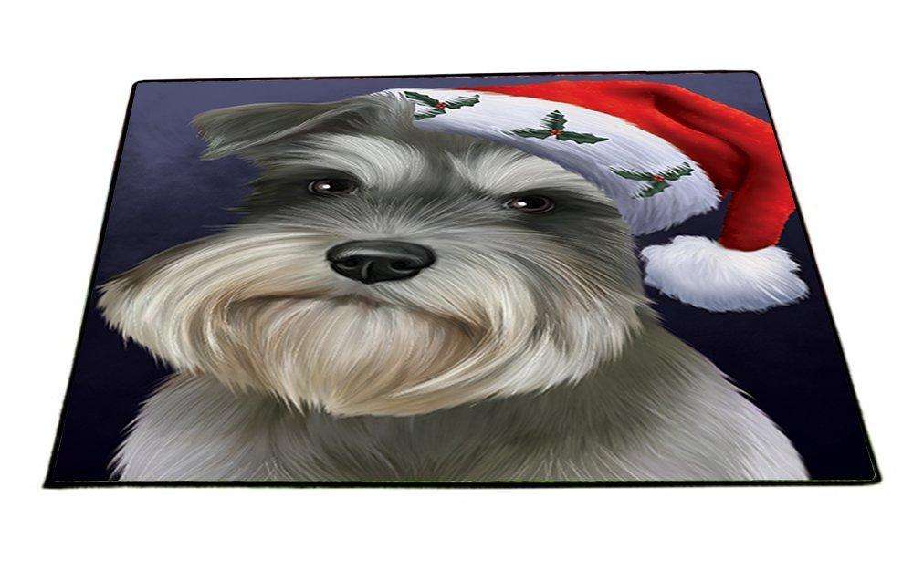 Christmas Schnauzers Dog Holiday Portrait with Santa Hat Indoor/Outdoor Floormat