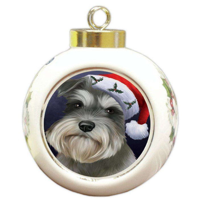 Christmas Schnauzers Dog Holiday Portrait with Santa Hat Round Ball Ornament