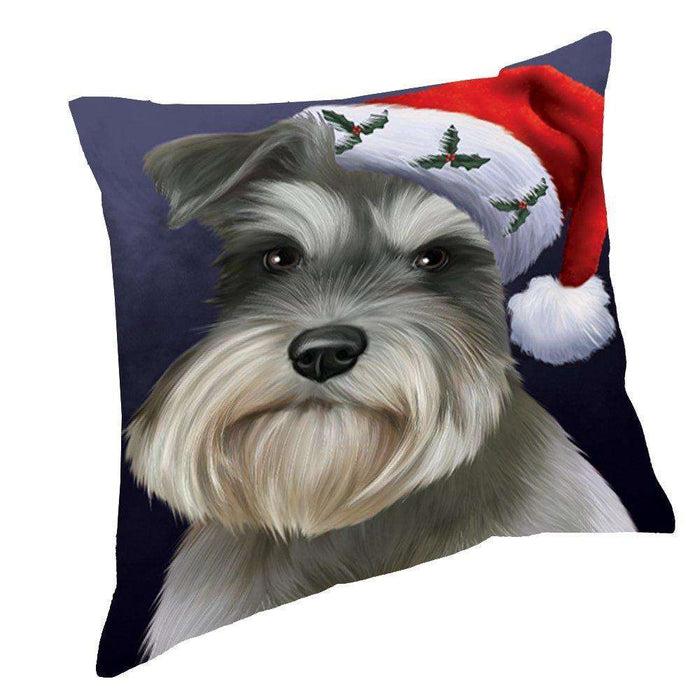 Christmas Schnauzers Dog Holiday Portrait with Santa Hat Throw Pillow