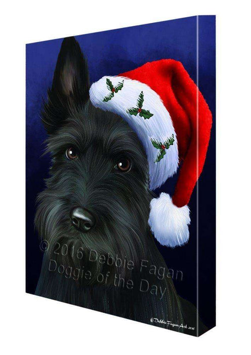 Christmas Scottish Terrier Dog Holiday Portrait with Santa Hat Canvas Wall Art