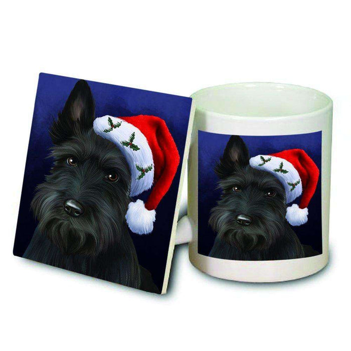 Christmas Scottish Terrier Dog Holiday Portrait with Santa Hat Mug and Coaster Set