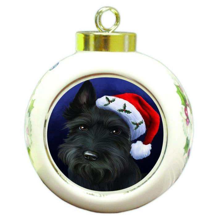 Christmas Scottish Terrier Dog Holiday Portrait with Santa Hat Round Ball Ornament D014