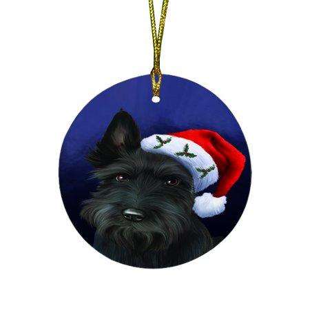 Christmas Scottish Terrier Dog Holiday Portrait with Santa Hat Round Ornament D014