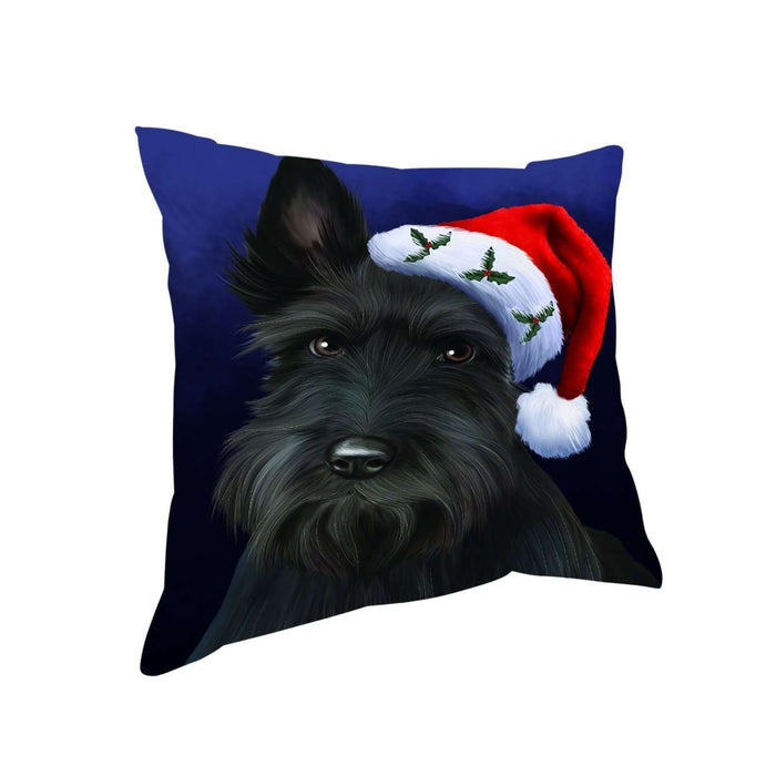 Christmas Scottish Terrier Dog Holiday Portrait with Santa Hat Throw Pillow