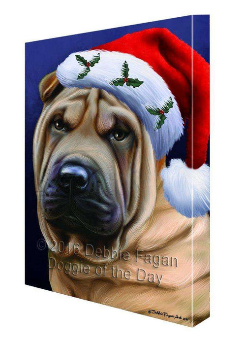 Christmas Shar Pei Dog Holiday Portrait with Santa Hat Canvas Wall Art D023