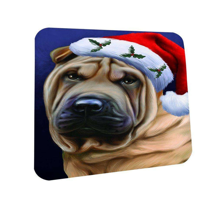 Christmas Shar Pei Dog Holiday Portrait with Santa Hat Coasters Set of 4