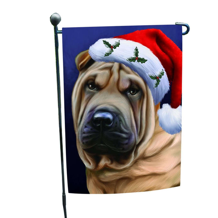 Christmas Shar Pei Dog Holiday Portrait with Santa Hat Garden Flag