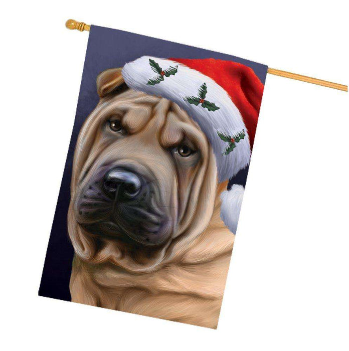 Christmas Shar Pei Dog Holiday Portrait with Santa Hat House Flag