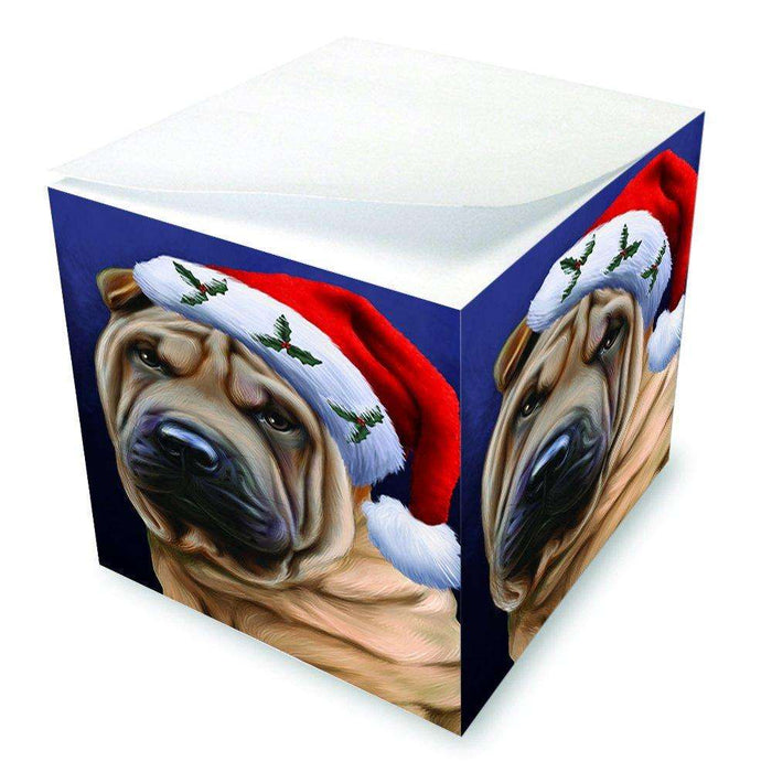 Christmas Shar Pei Dog Holiday Portrait with Santa Hat Note Cube D033