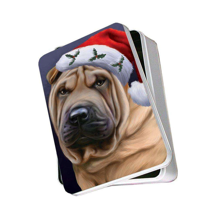 Christmas Shar Pei Dog Holiday Portrait with Santa Hat Photo Storage Tin