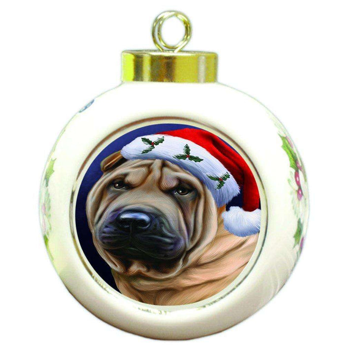 Christmas Shar Pei Dog Holiday Portrait with Santa Hat Round Ball Ornament D037