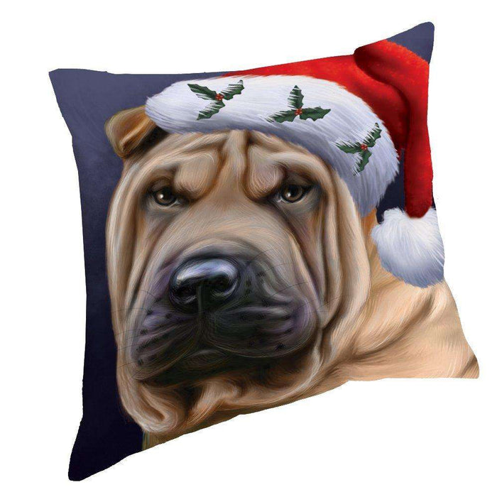 Christmas Shar Pei Dog Holiday Portrait with Santa Hat Throw Pillow