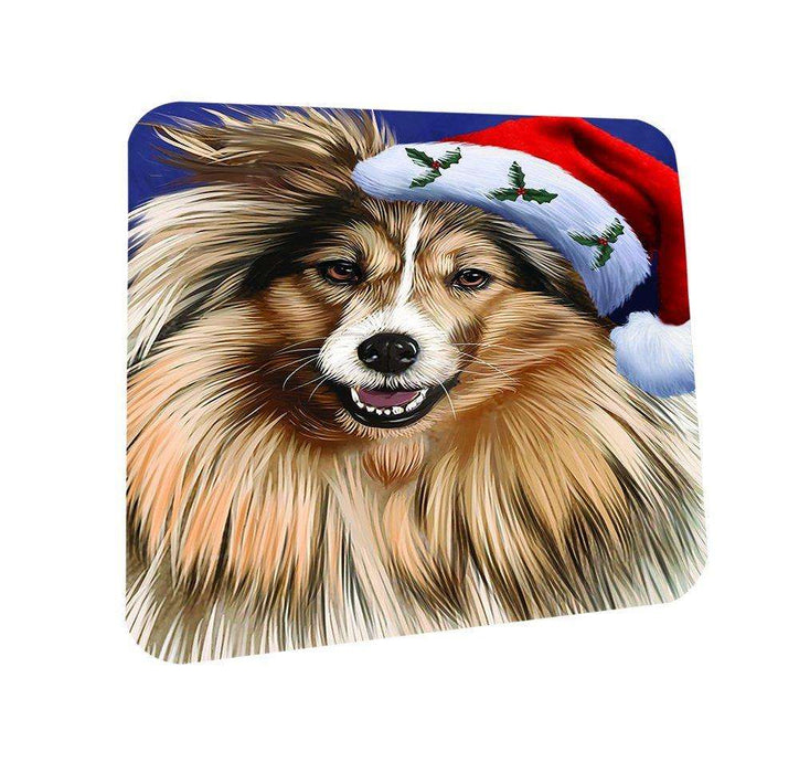 Christmas Shetland Dog Holiday Portrait with Santa Hat Coasters Set of 4