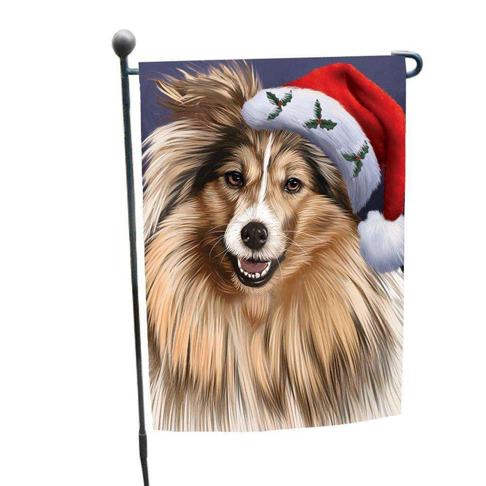 Christmas Shetland Dog Holiday Portrait with Santa Hat Garden Flag