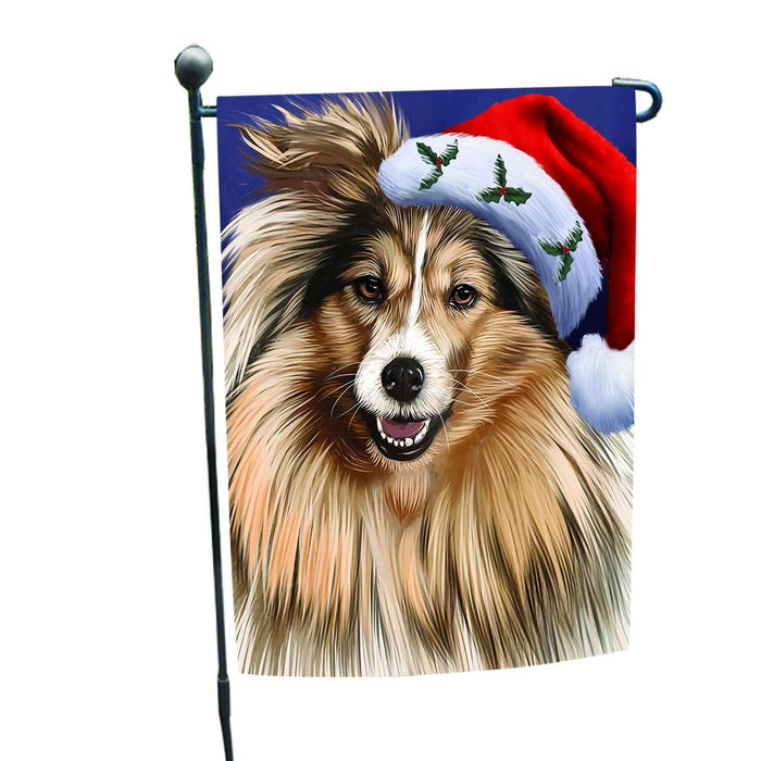 Christmas Shetland Dog Holiday Portrait with Santa Hat Garden Flag