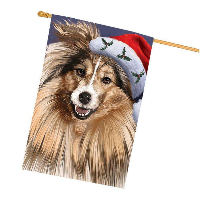 Christmas Shetland Dog Holiday Portrait with Santa Hat House Flag