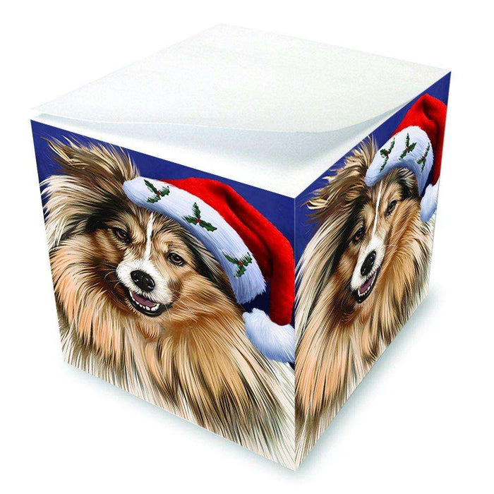 Christmas Shetland Dog Holiday Portrait with Santa Hat Note Cube D034