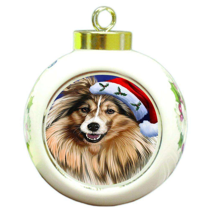 Christmas Shetland Dog Holiday Portrait with Santa Hat Round Ball Ornament D038